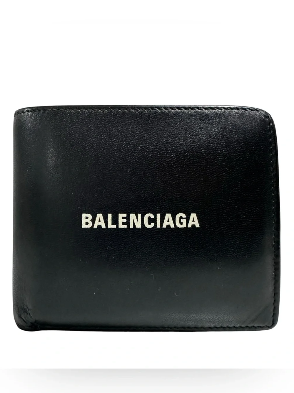 Balenciaga Black Leather & White Spell Out Bifold Wallet